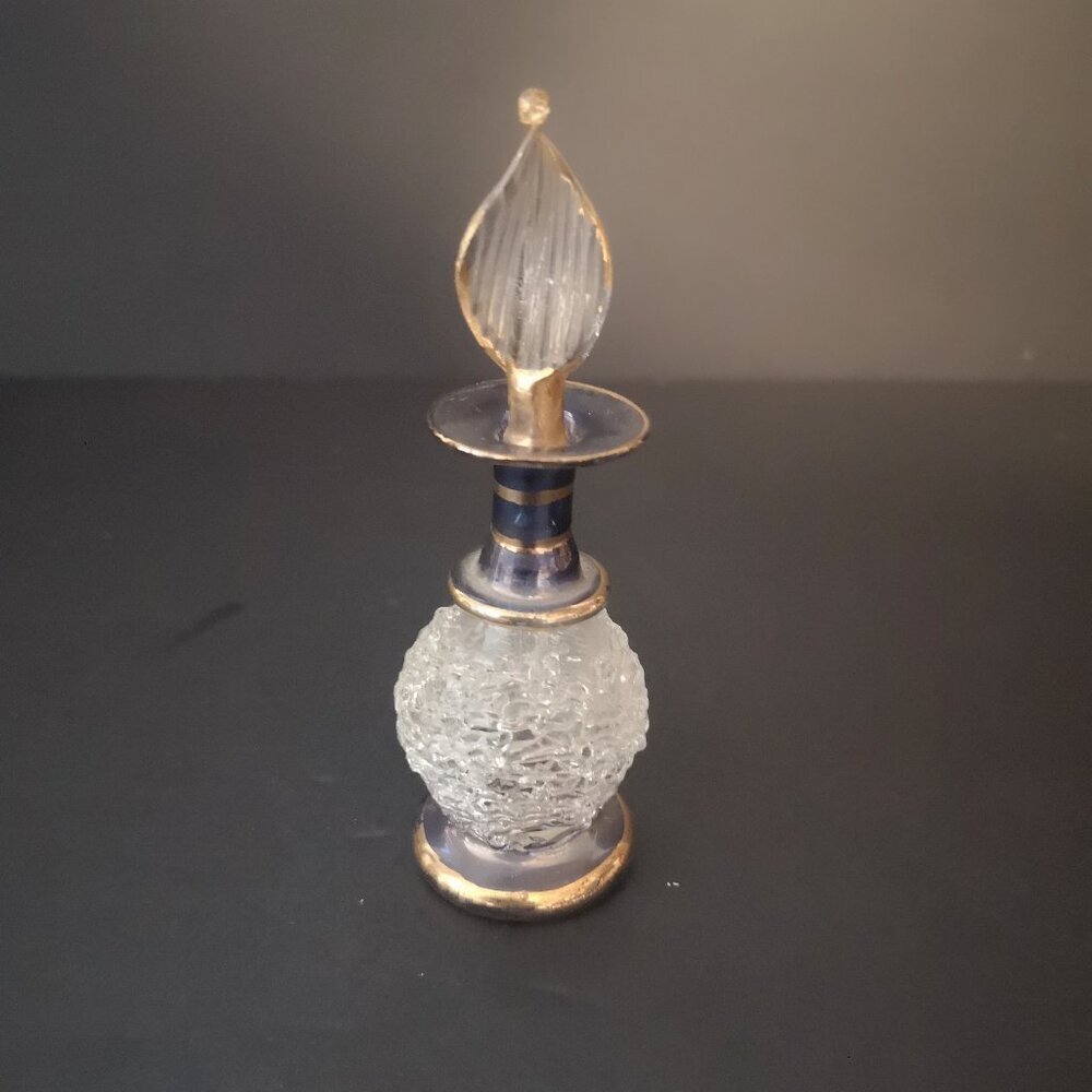 Hand Painted Perfume Bottle & Stopper Clear Textured Glass w/ Gold Tones 4"